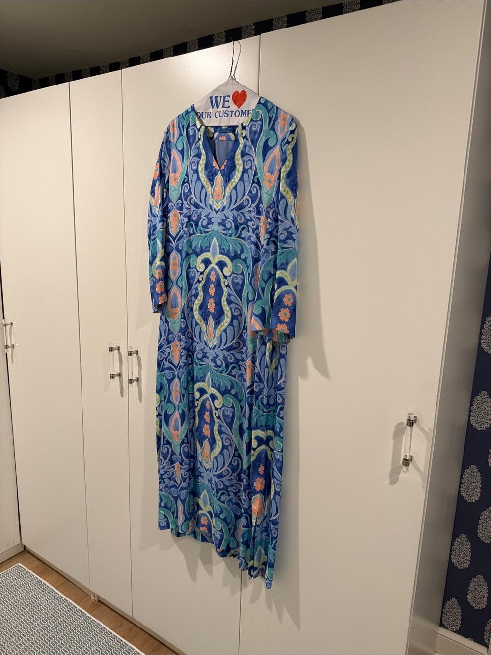 Blue and Green Paisley-Print Maxi Dress with Long Sleeves